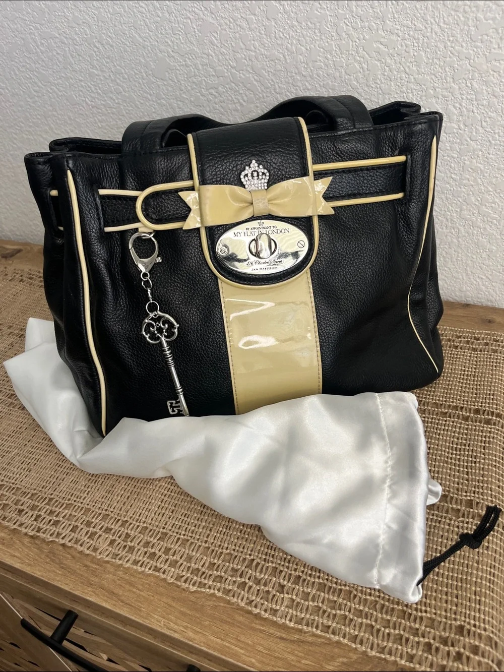 MY FLAT IN LONDON DEBUTANTE Black & Cream Soft Leather Bowtie Satchel